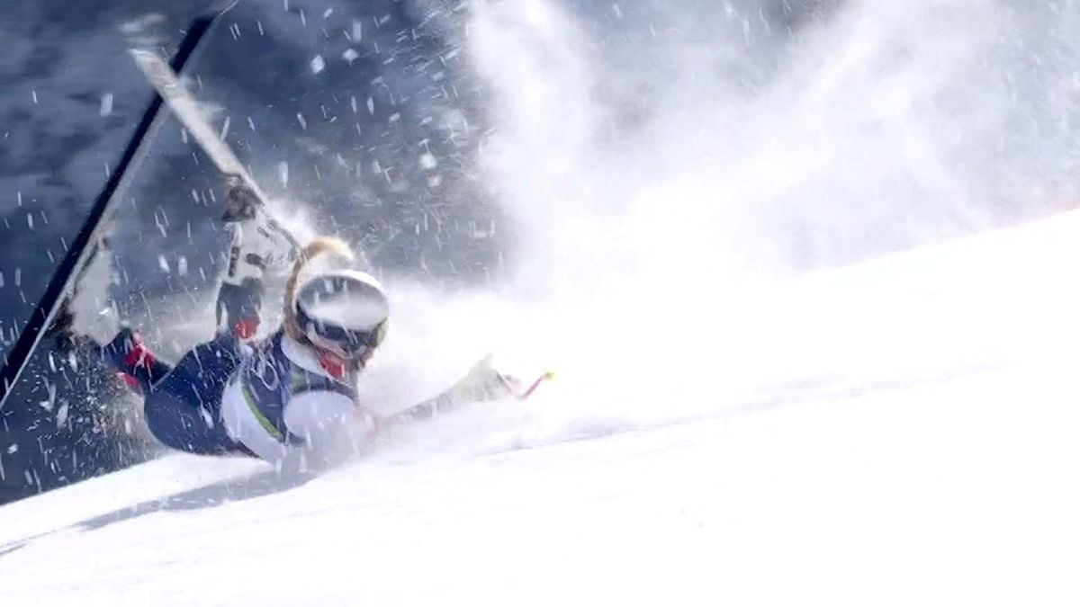 This screen grab taken from a video shows Lindsey Vonn of the United States crashing during the women's downhill on Sunday at the 2026 Milan Cortina Olympics.