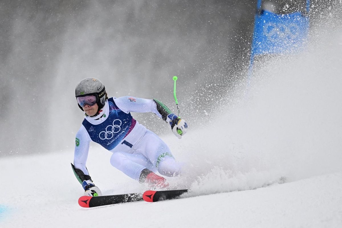 Lucas Pinheiro Braathen of Brazil in action in the second run of the men's giant slalom on Saturday at the Milan Cortina Olympics.