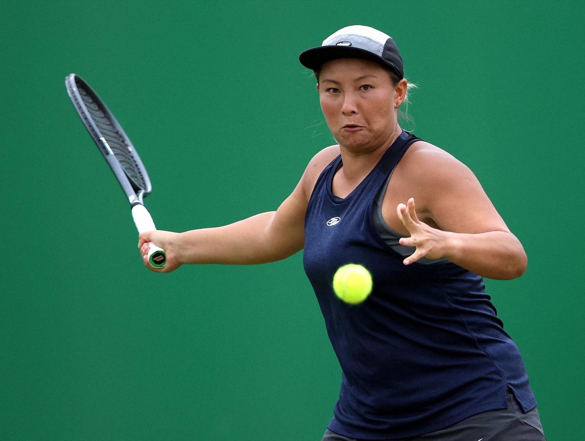 Britain's Tara Moore in action during her round of 32 match against Britain's Heather Watson at the 2021 Nottingham Open.