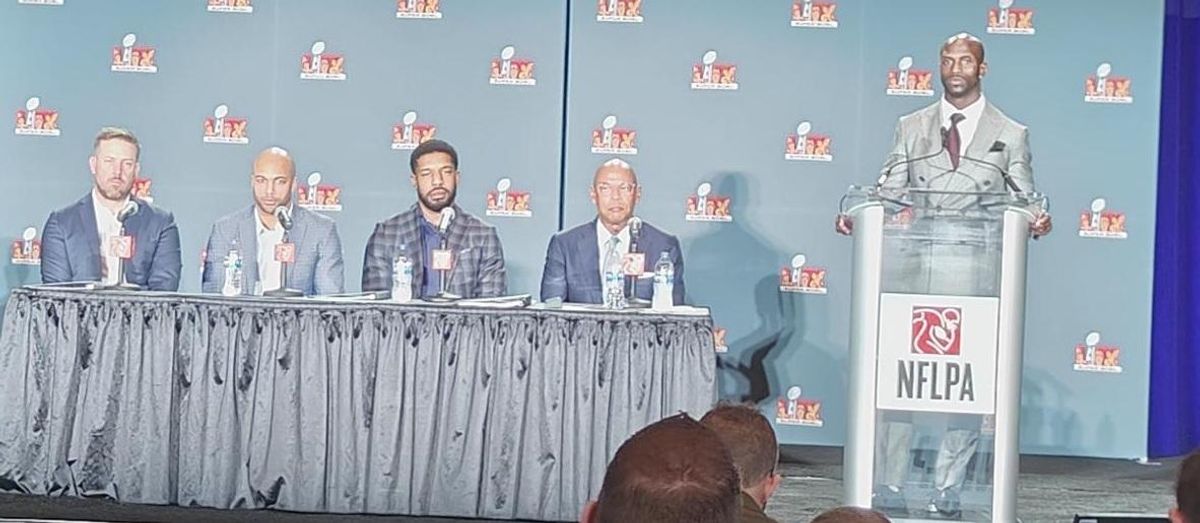 The NFL Players Association pre-Super Bowl press conference from left to right: Houston Texans quarterback Case Keenum, Washington Commanders running back Austin Ekeler, Detroit Lions linebacker Jalen Reeves-Maybing, NFLPA executive director Lloyd Howell Jr. and former New England Patriots cornerback Jason McCourty.