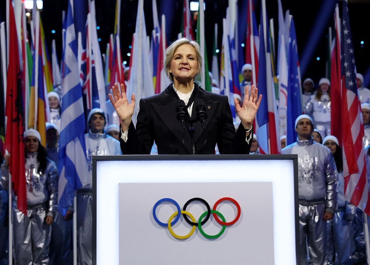 Kirsty Coventry, president of the International Olympic Committee, speaks at the opening ceremony of the 2026 Winter Olympics on Friday in Milan.