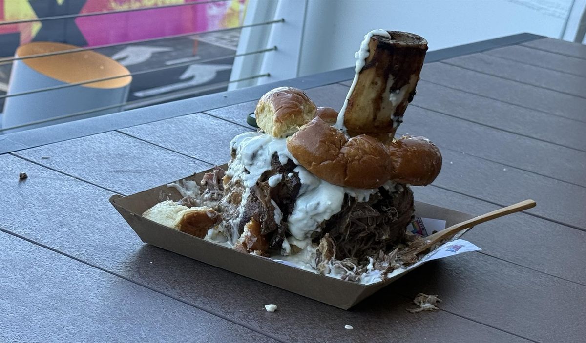 The $180 "LX Burger" offered at Levi's Stadium at Super Bowl LX at Levi's Stadium on Feb. 8, 2026.