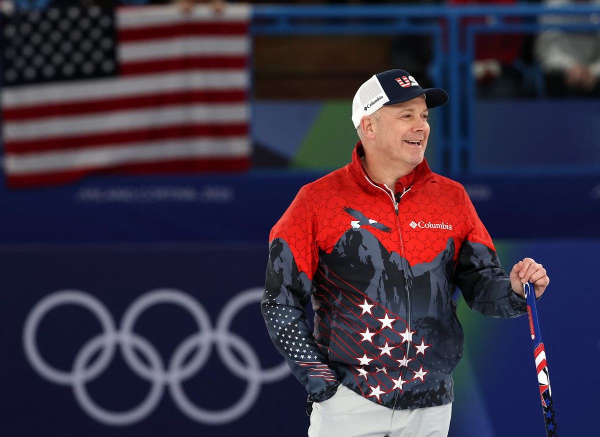 Session 2 - United States of America vs Switzerland - Cortina Curling Olympic Stadium, Cortina d'Ampezzo, Italy - February 12, 2026. Rich Ruohonen of United States reacts during the match against Switzerland in Men's Round Robin Session 2.