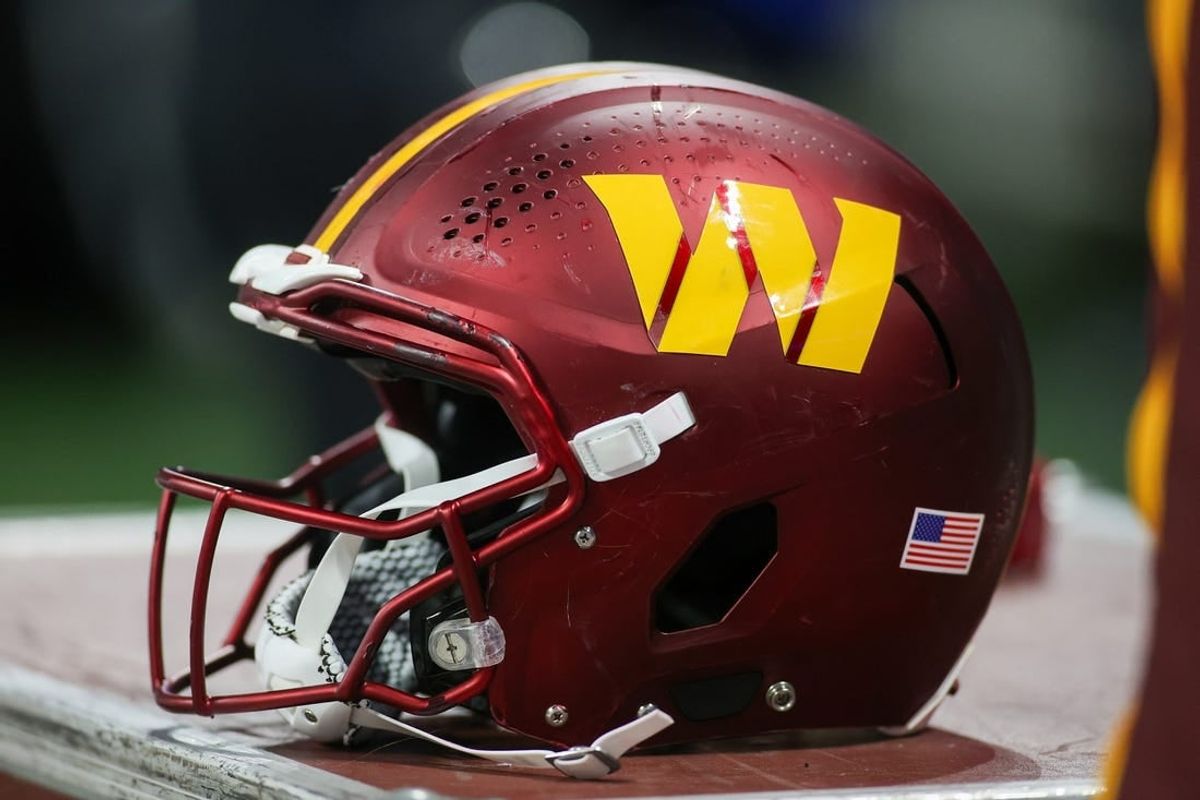 Oct 15, 2023; Atlanta, Georgia, USA; A Washington Commanders helmet on the sideline against the Atlanta Falcons in the second half at Mercedes-Benz Stadium.