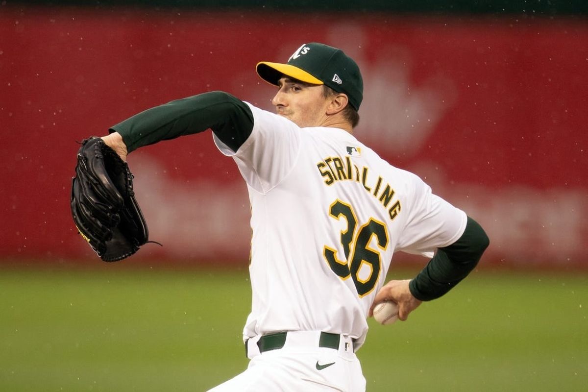 Mar 29, 2024; Oakland, California, USA; Oakland Athletics starting pitcher Ross Stripling (36) delivers a pitch against the Cleveland Guardians during the first inning at Oakland-Alameda County Coliseum.