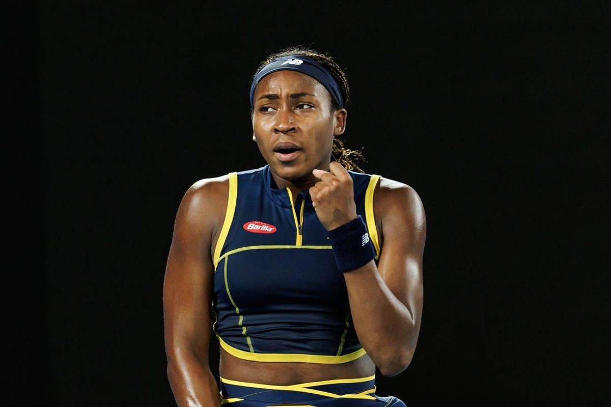 Jan 25, 2024; Melbourne, Victoria, Australia; Coco Gauff of the United States celebrates against Aryna Sabalenka of Belarus in the semi-final of the women s singles at the Australian Open.