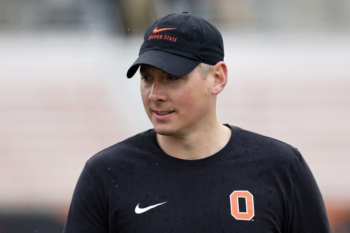 Apr 16, 2022; Corvallis, OR, USA; Oregon State interim defensive coordinator Trent Bray looks on during the Oregon State spring football game at Reser Stadium.