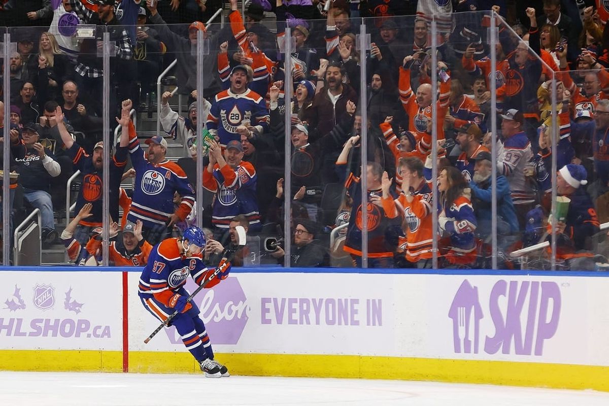 Nov 28, 2023; Edmonton, Alberta, CAN; Edmonton Oilers forward Connor McDavid (97) celebrates after scoring a goal during the second period against the Vegas Golden Knights at Rogers Place.