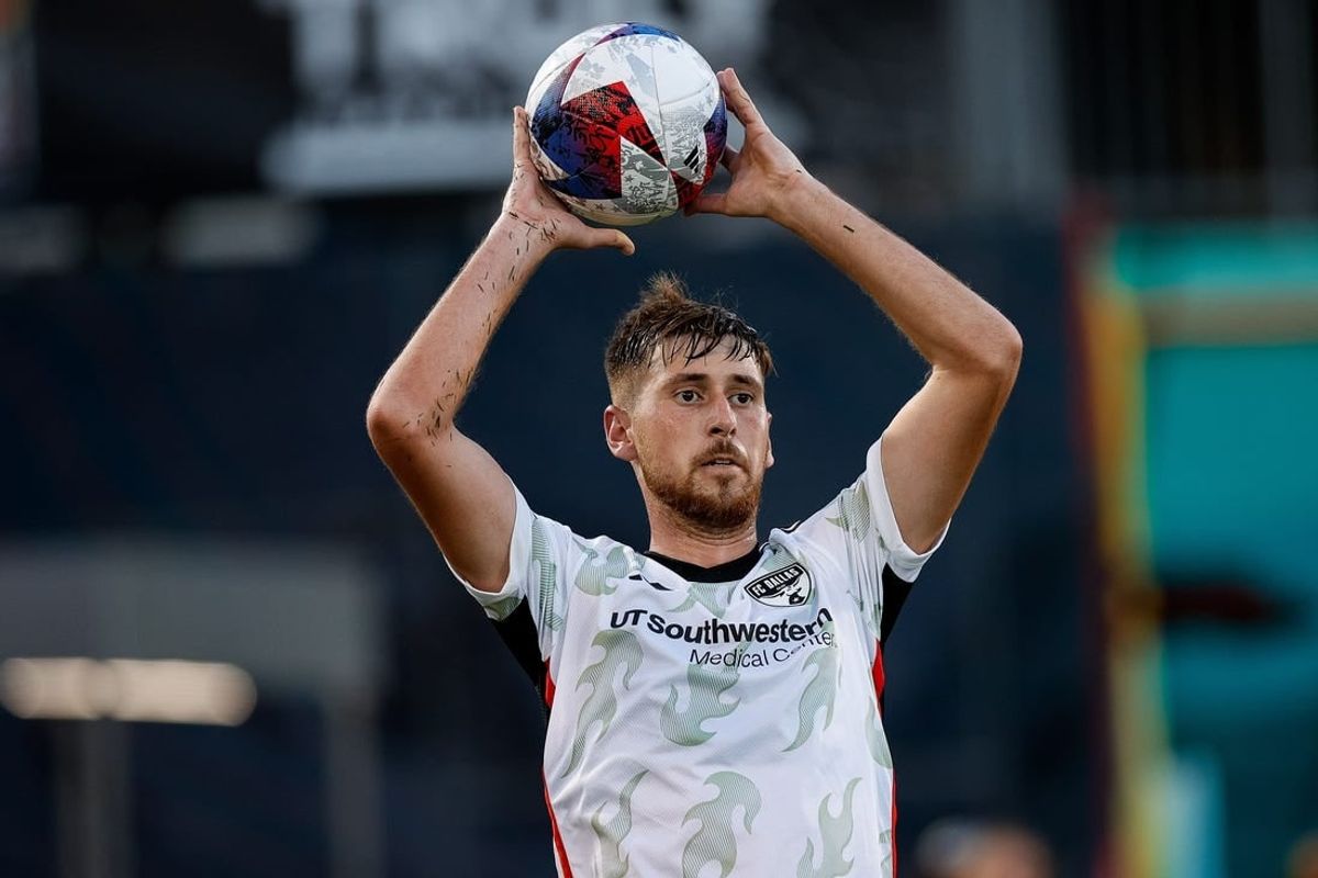 Jul 8, 2023; Commerce City, Colorado, USA; FC Dallas defender Amet Korca (24) throws in the ball in the first half against the Colorado Rapids at Dick's Sporting Goods Park.