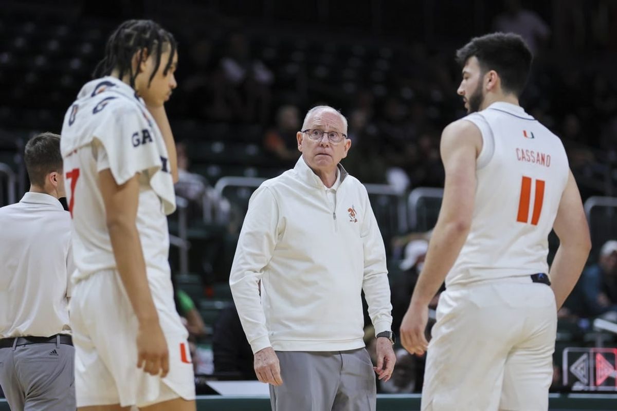 Dec 21, 2023; Coral Gables, Florida, USA; Miami Hurricanes head coach Jim Larranaga looks on against the Stonehill Skyhawks during the second half at Watsco Center.