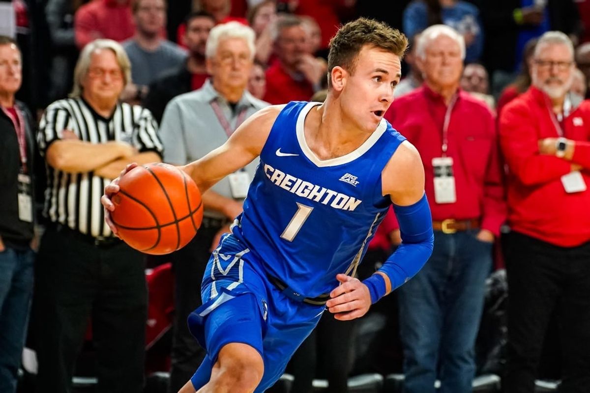 Dec 3, 2023; Lincoln, Nebraska, USA; Creighton Bluejays guard Steven Ashworth (1) turns after getting a rebound against the Nebraska Cornhuskers during the first half at Pinnacle Bank Arena.