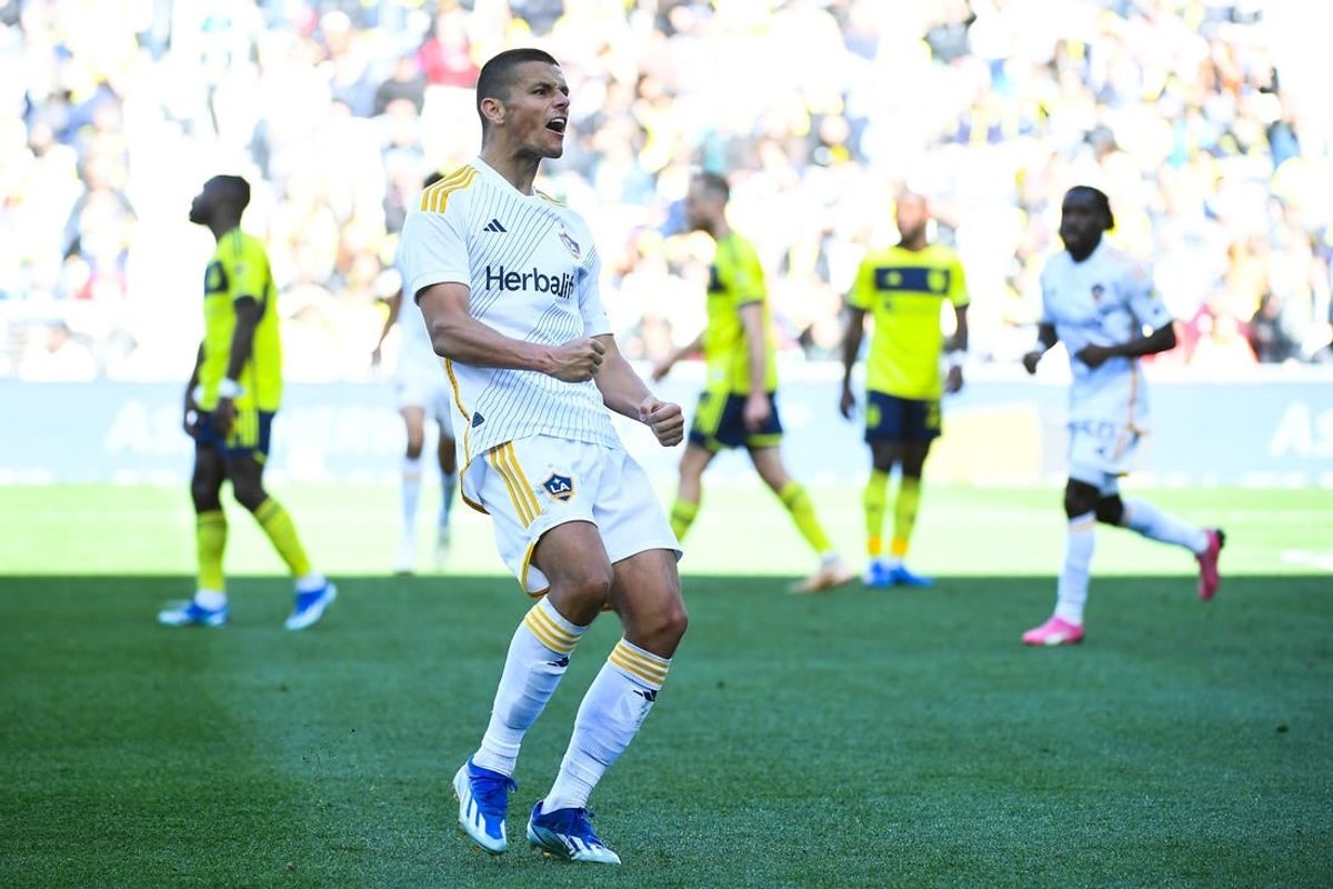 Mar 10, 2024; Nashville, Tennessee, USA; LA Galaxy forward Dejan Joveljic (9) celebrates scoring a goal against Nashville SC during the second half at Geodis Park.
