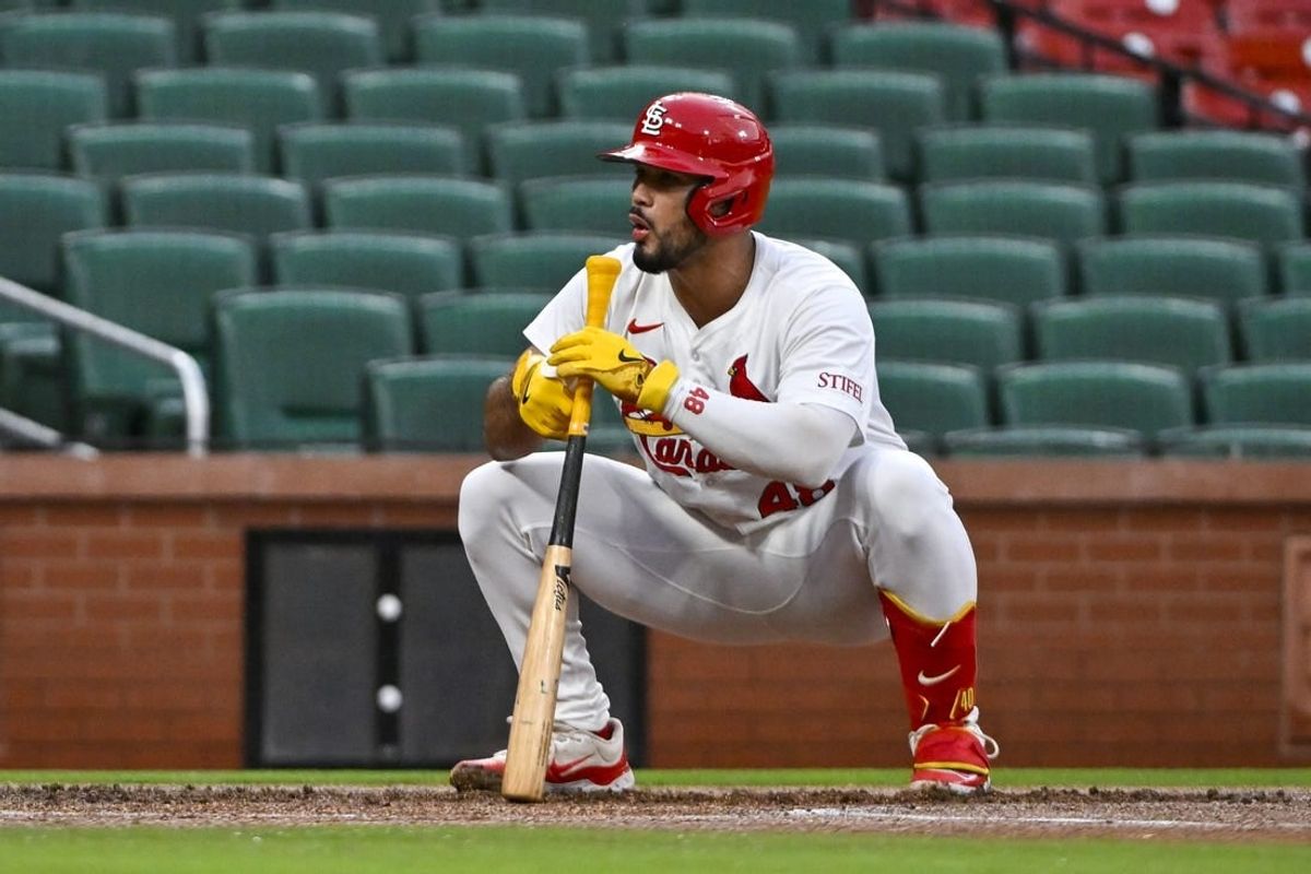 May 4, 2024; St. Louis, Missouri, USA;  St. Louis Cardinals pinch hitter Ivan Herrera (48) reacts as he called out on strikes by umpire CB Bucknor (not pictured) to end the game against the Chicago White Sox at Busch Stadium.