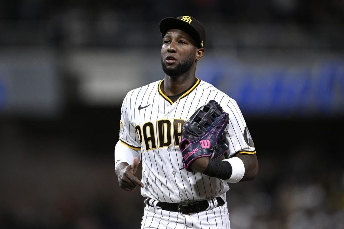 Sep 19, 2023; San Diego, California, USA; San Diego Padres left fielder Jurickson Profar (10) looks on during the fourth inning against the Colorado Rockies at Petco Park.
