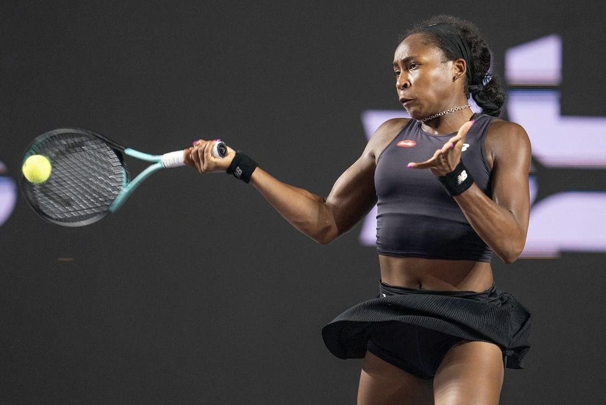Nov 4, 2023; Cancun, Mexico; Coco Gauff (USA) returns a shot during her match against Jessica Pegula (USA) on day seven of the GNP Saguaros WTA Finals Cancun.
