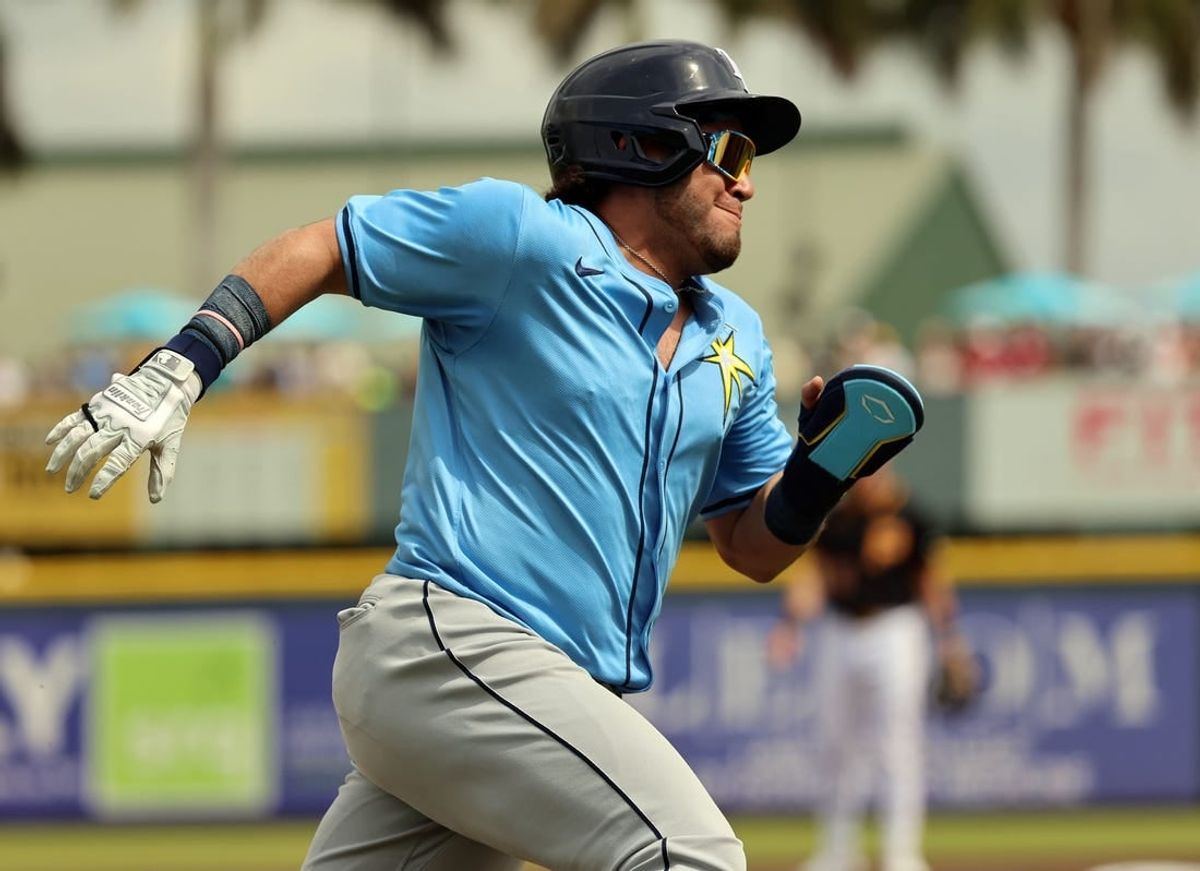 Mar 1, 2024; Bradenton, Florida, USA; Tampa Bay Rays first baseman Jonathan Aranda (62) runs home to score a run during the first inning against the Pittsburgh Pirates at LECOM Park.