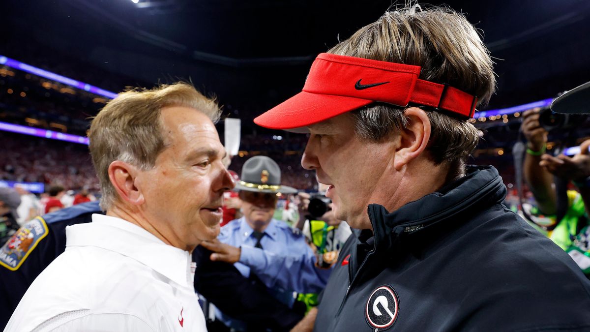 Alabama Head coach Nick Saban shakes hands with Head coach Kirby Smart of Georgia after defeating the Georgia Bulldogs 27-24 in the SEC Championship at Mercedes-Benz Stadium on December 02, 2023 in Atlanta, Georgia.