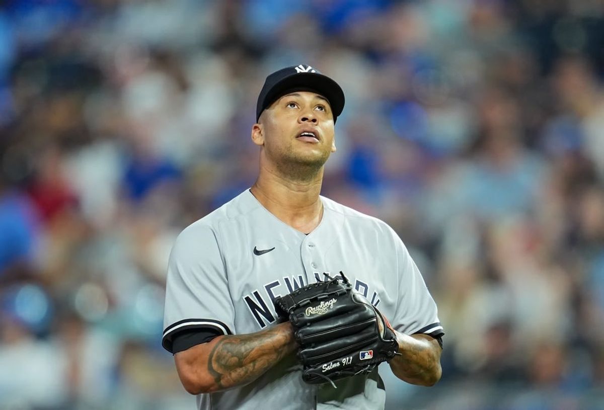 Sep 30, 2023; Kansas City, Missouri, USA; New York Yankees starting pitcher Frankie Montas (47) leaves the field during the sixth inning against the Kansas City Royals at Kauffman Stadium.
