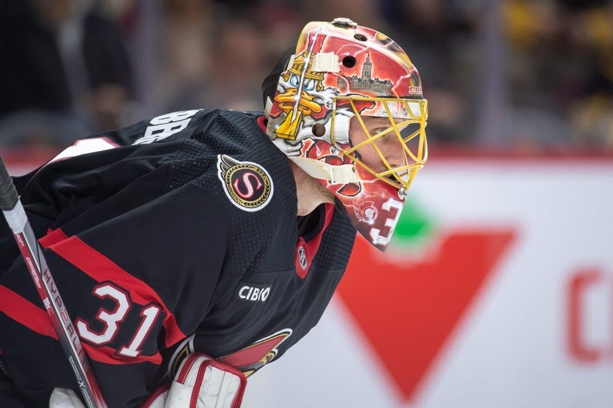 Dec 23, 2023; Ottawa, Ontario, CAN; Ottawa Senators goalie Anton Forsberg (31) looks up the ice prior to the start of the second period against the Pittsburgh Penguins at the Canadian Tire Centre.