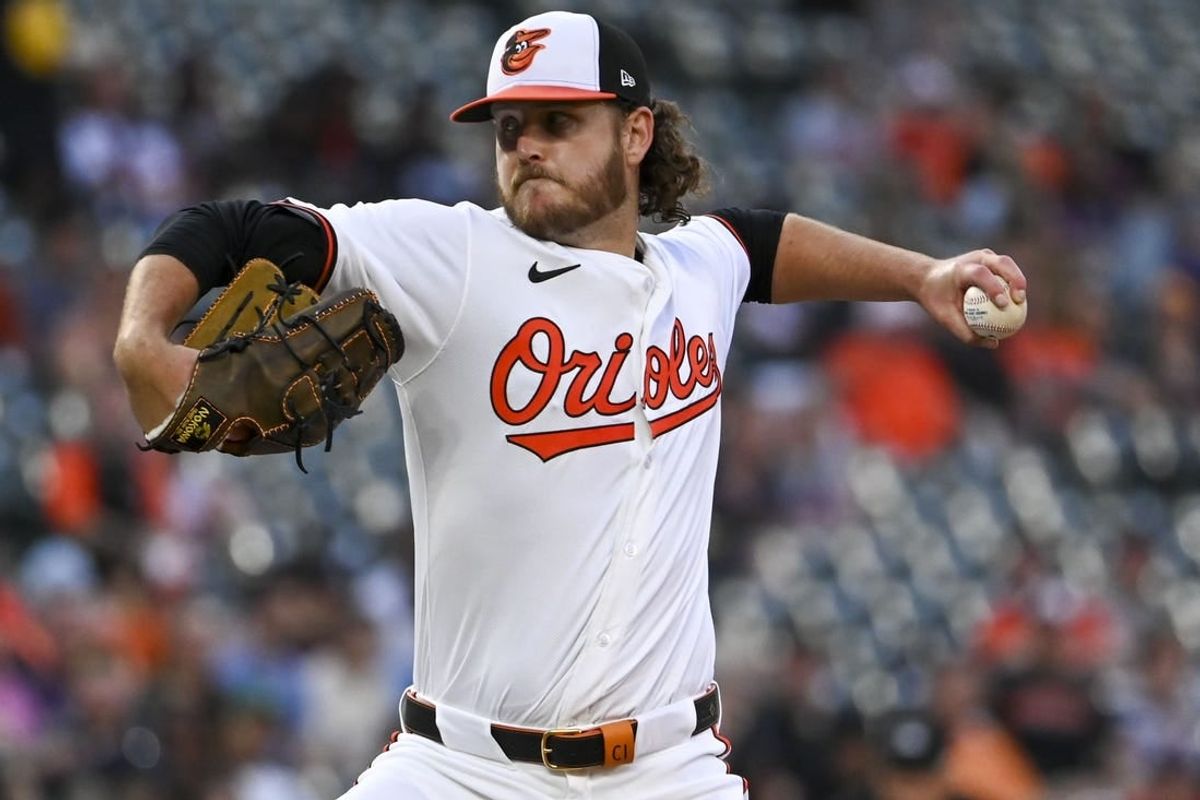 Apr 15, 2024; Baltimore, Maryland, USA;  Baltimore Orioles starting pitch Cole Irvin throws a second inning pitch against the Minnesota Twins at Oriole Park at Camden Yards.