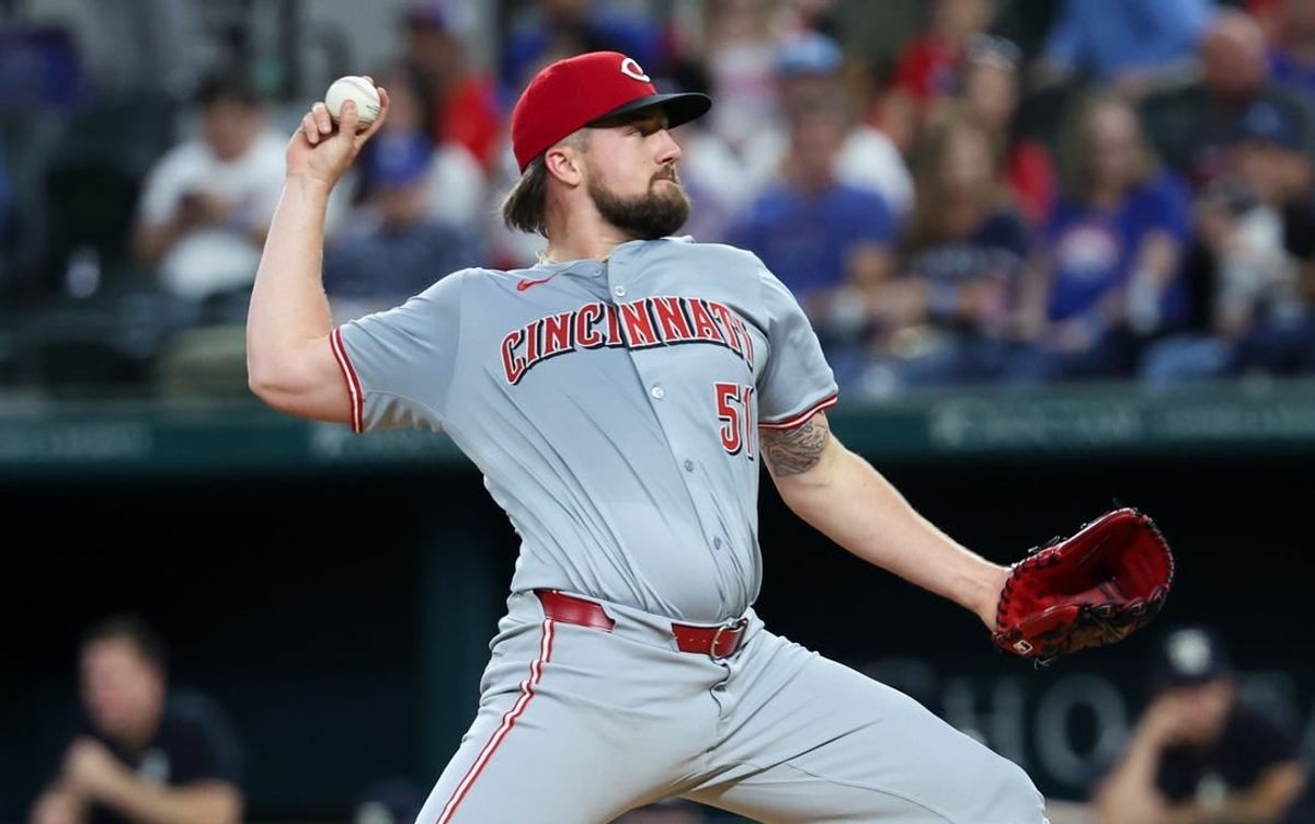 Apr 26, 2024; Arlington, Texas, USA;  Cincinnati Reds starting pitcher Graham Ashcraft (51) throws during the first inning against the Texas Rangers at Globe Life Field.