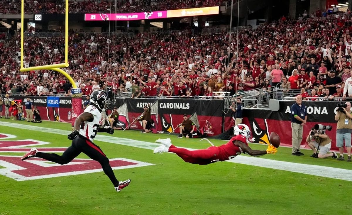 Nov 12, 2023; Glendale, AZ, USA; Arizona Cardinals wide receiver Marquise Brown (2) misses a touchdown catch against the Atlanta Falcons in the first half at State Farm Stadium.