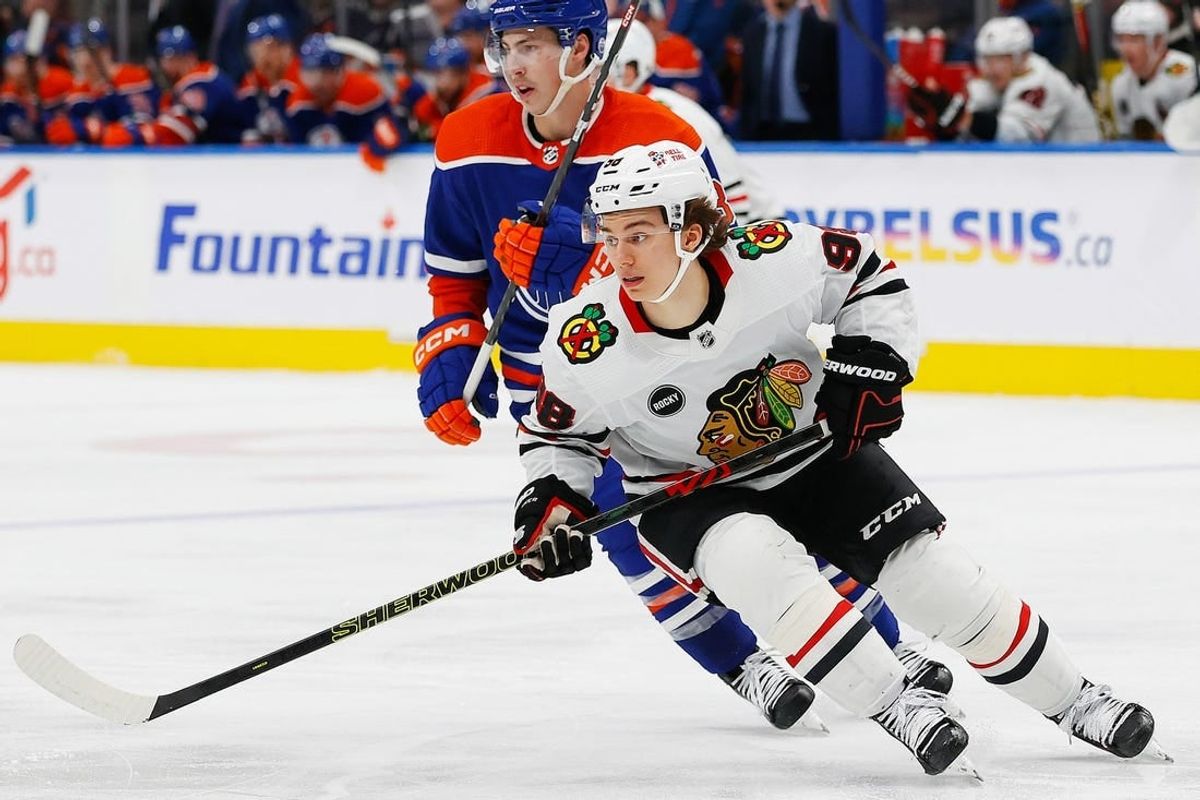 Dec 12, 2023; Edmonton, Alberta, CAN; Chicago Blackhawks forward Connor Bedard (98) looks for a loose puck against the Edmonton Oilers at Rogers Place.
