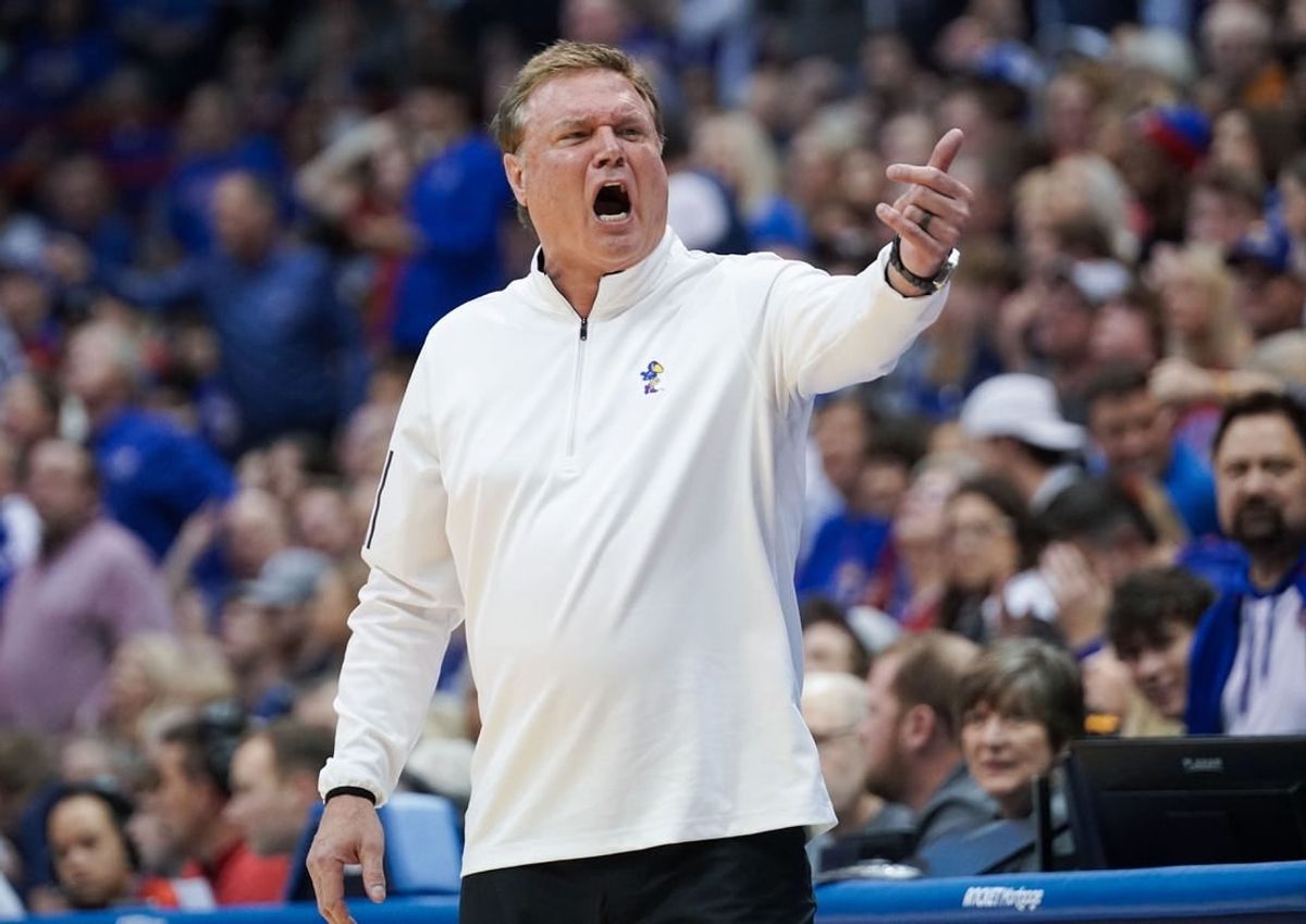 Feb 25, 2023; Lawrence, Kansas, USA; Kansas Jayhawks head coach Bill Self gestures toward an official against the West Virginia Mountaineers during the game at Allen Fieldhouse.