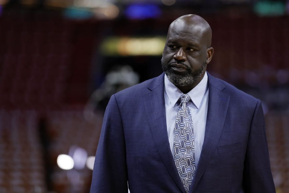 May 23, 2023; Miami, Florida, USA; Shaquille O'Neal looks on before game four between the Miami Heat and the Boston Celtics in the Eastern Conference Finals for the 2023 NBA playoffs at Kaseya Center.