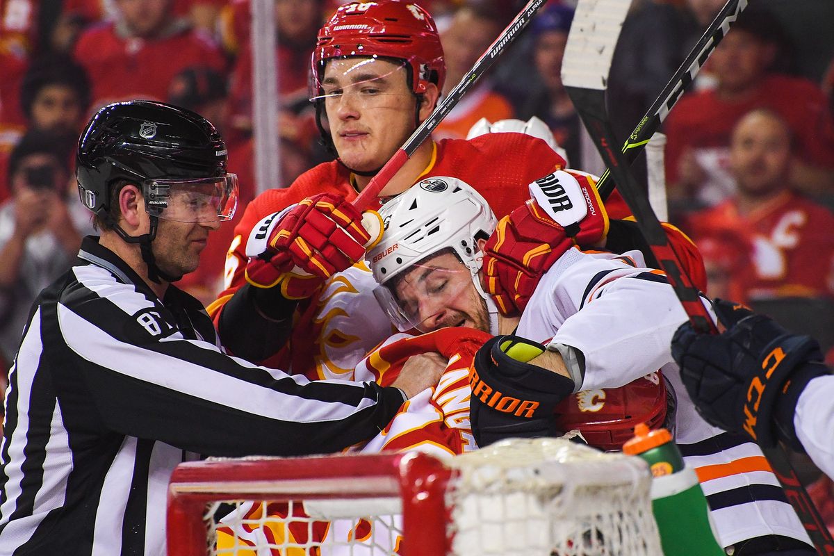 Andrew Mangiapane and Zach Hyman each got roughing penalties for this scrum.