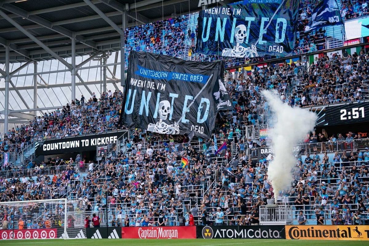 Aug 27, 2023; Saint Paul, Minnesota, USA;  Minnesota United fans unveil the tifo against the Seattle Sounders in the first half at Allianz Field.