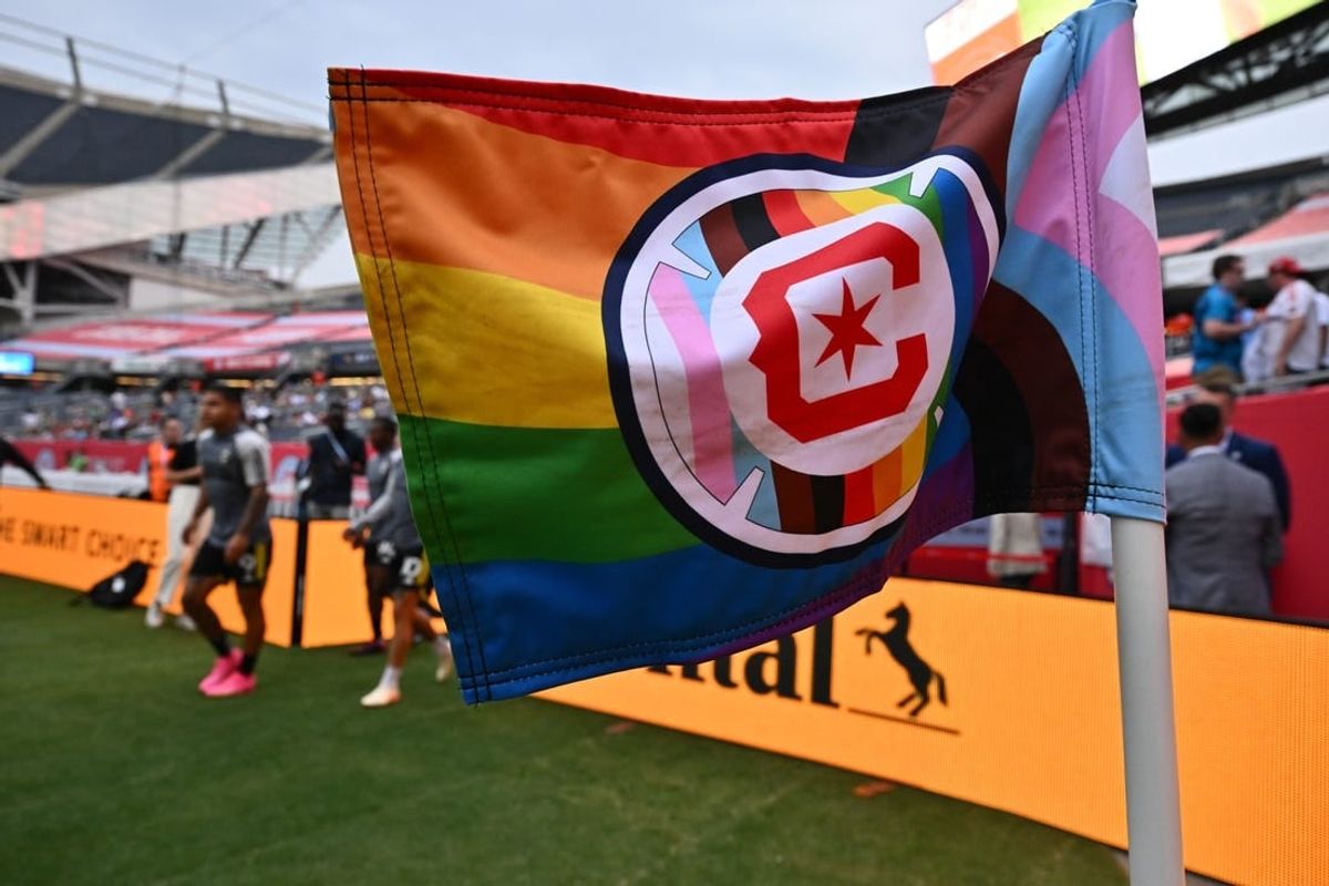 June 10, 2023; Chicago, Illinois, USA; General view of a Pride themed corner flag before the match between the Columbus Crew and Chicago Fire at Soldier Field.