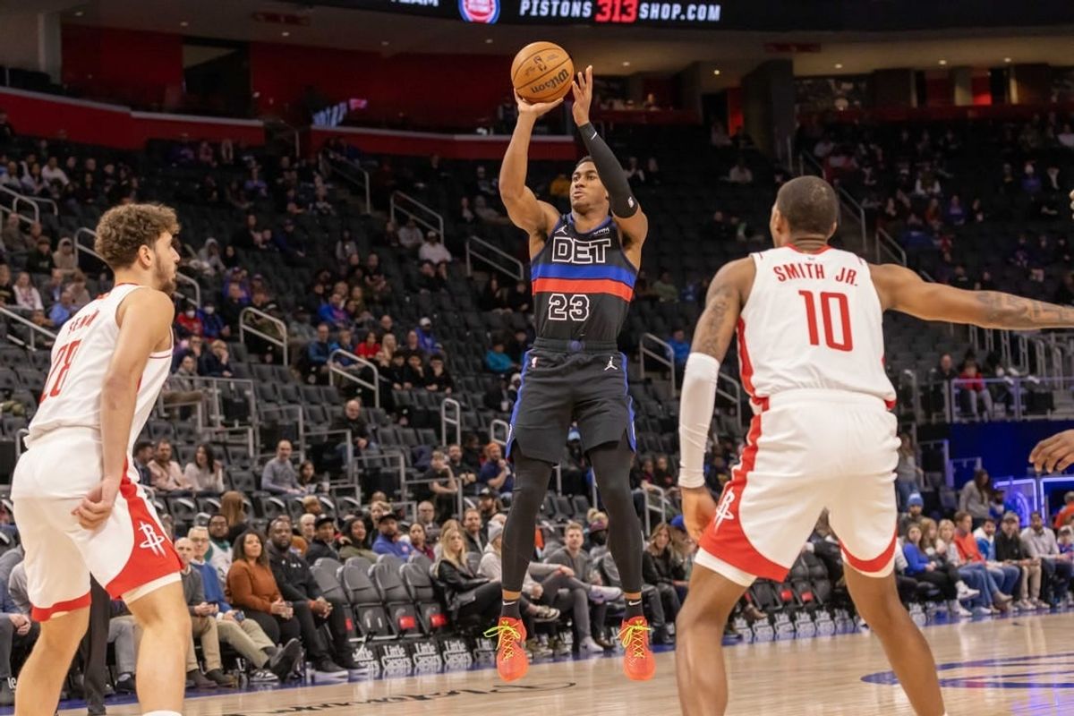 Jan 12, 2024; Detroit, Michigan, USA; Detroit Pistons guard Jaden Ivey (23) shoots the ball against the Houston Rockets during the first half at Little Caesars Arena.