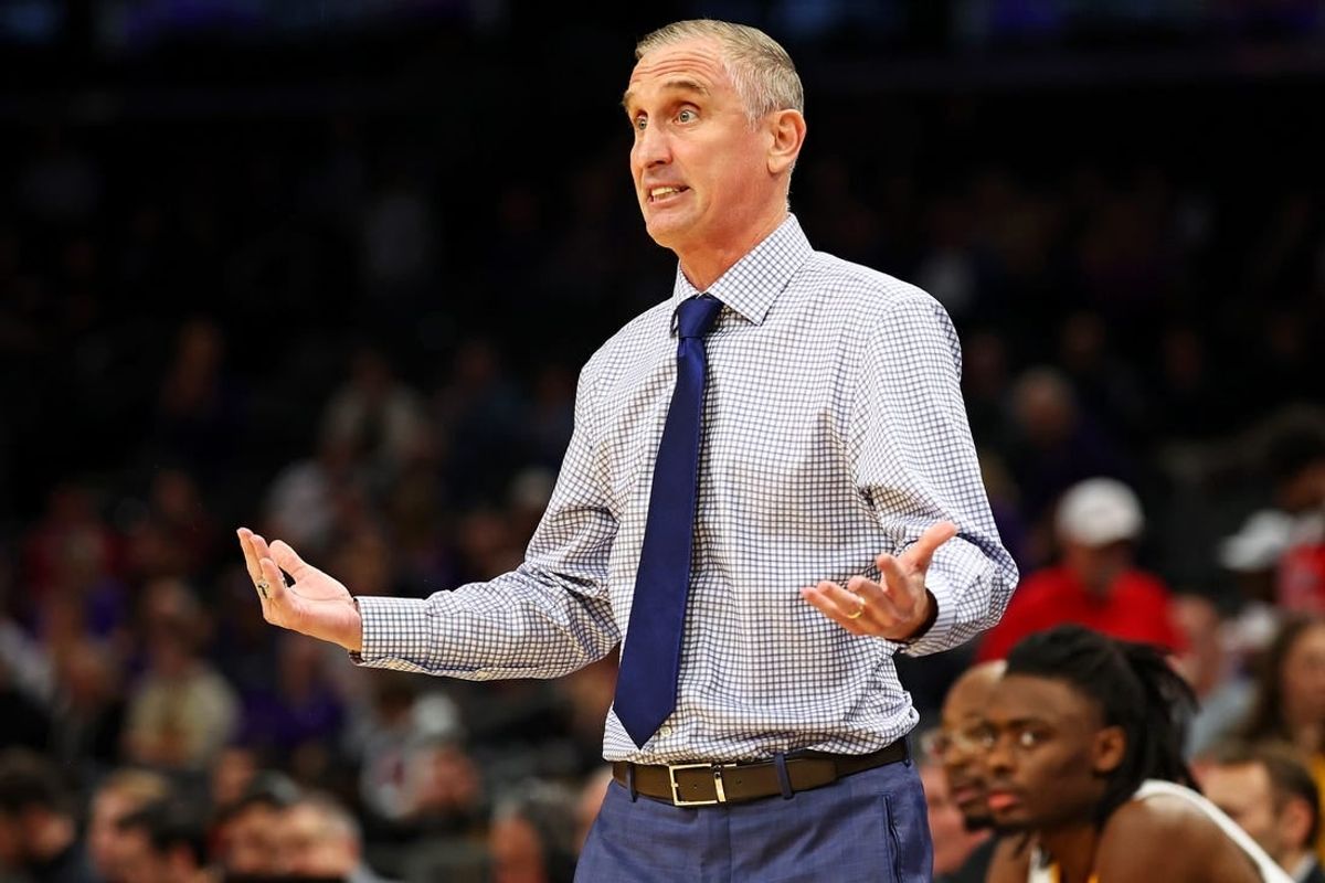 Dec 20, 2023; Phoenix, Arizona, USA; Arizona State Sun Devils head coach Bobby Hurley reacts from the sideline during the first half of the game against the Northwestern Wildcats during the Hall of Series at Footprint Center.