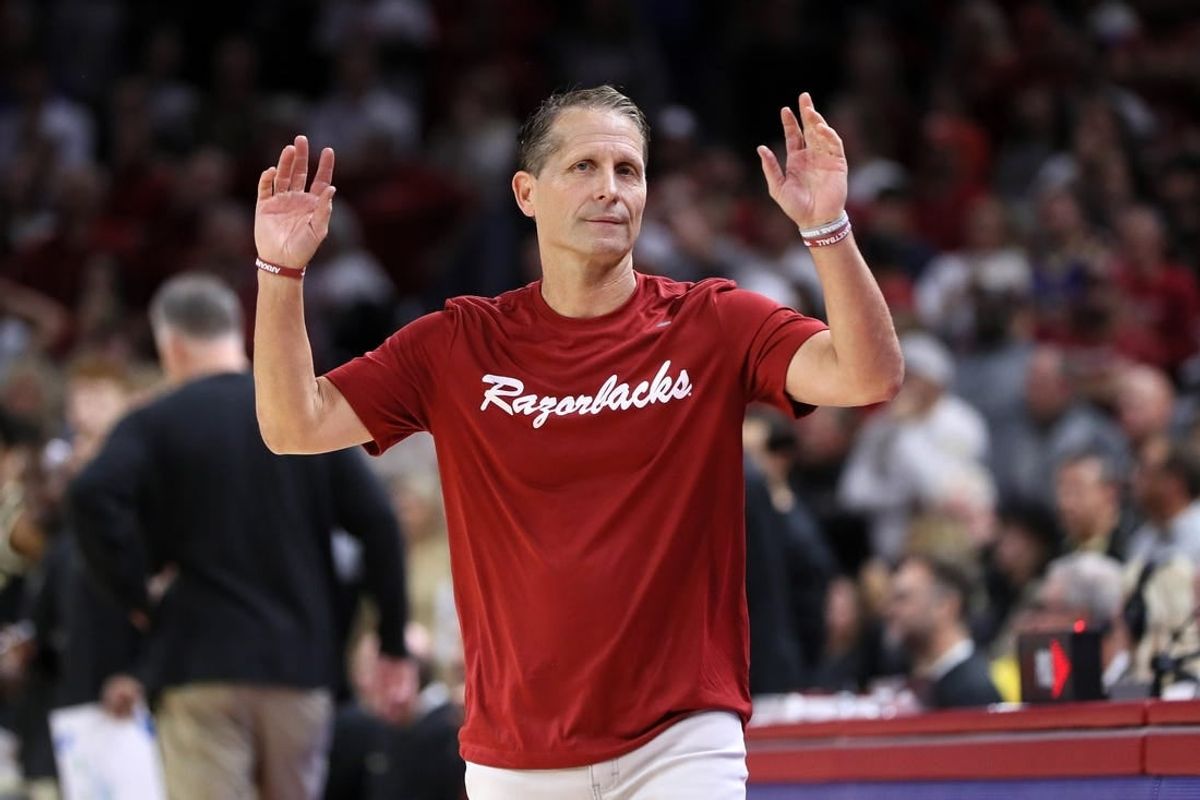 Oct 28, 2023; Fayetteville, AR, USA; Arkansas Razorbacks head coach Eric Musselman reacts to a call in the second half  against the Purdue Boilermakers at Bud Walton Arena. Arkansas won 81-77.