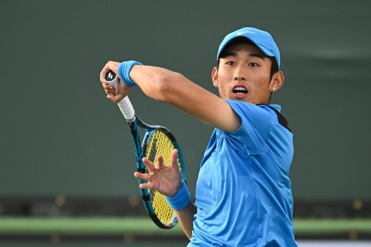 Mar 7, 2024; Indian Wells, CA, USA; Juncheng Shang (CN) hits a forehand in his first round match against Jordan Thompson (AUS) during the BNP Paribas Open at Indian Wells Tennis Garden.
