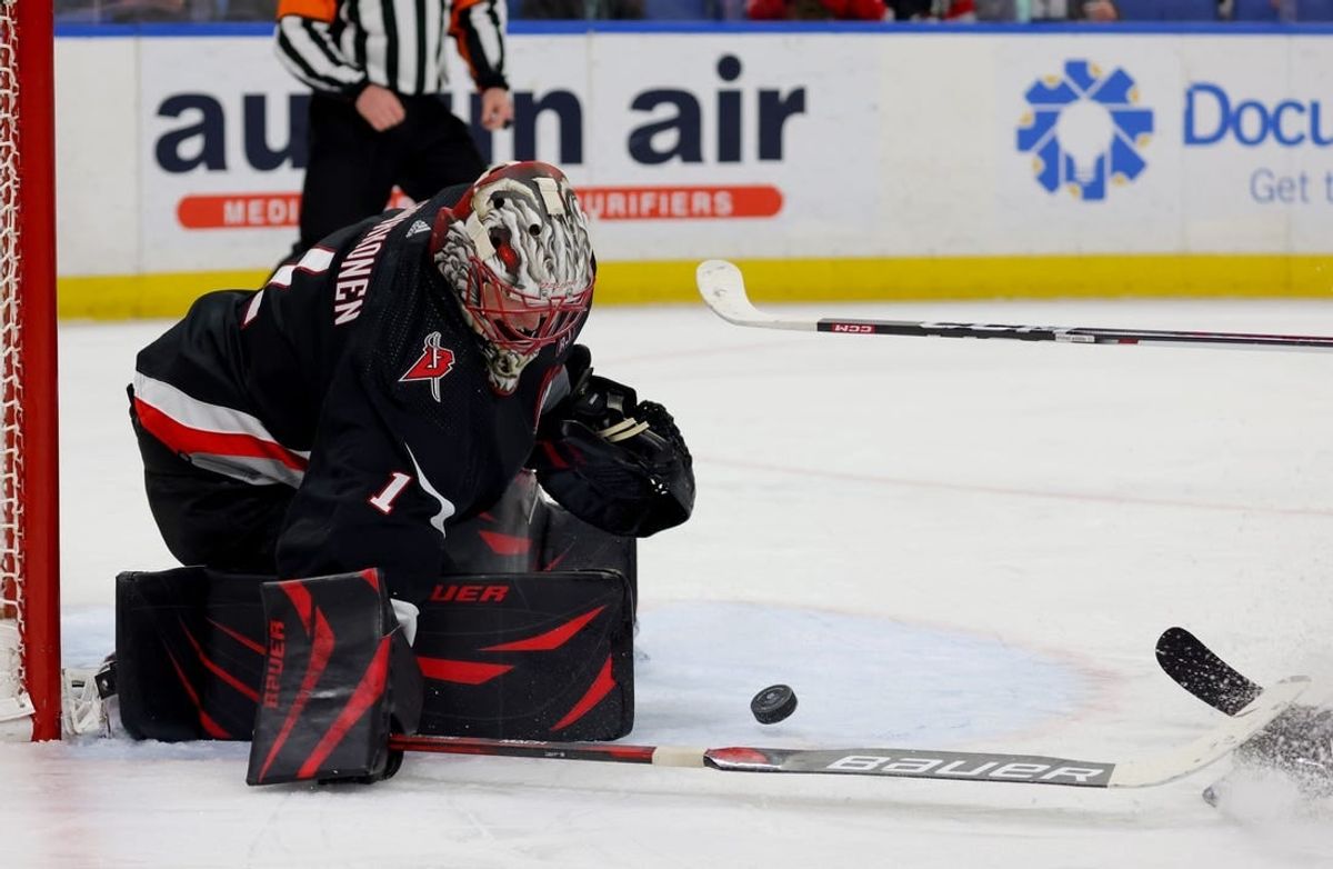 Jan 18, 2024; Buffalo, New York, USA;  Buffalo Sabres goaltender Ukko-Pekka Luukkonen (1) makes a save during the third period against the Chicago Blackhawks at KeyBank Center.