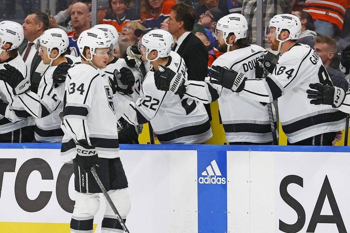 Mar 28, 2024; Edmonton, Alberta, CAN; The Los Angeles Kings celebrate a goal by forward Arthur Kaliyev (34) during the third period against the Edmonton Oilers at Rogers Place.