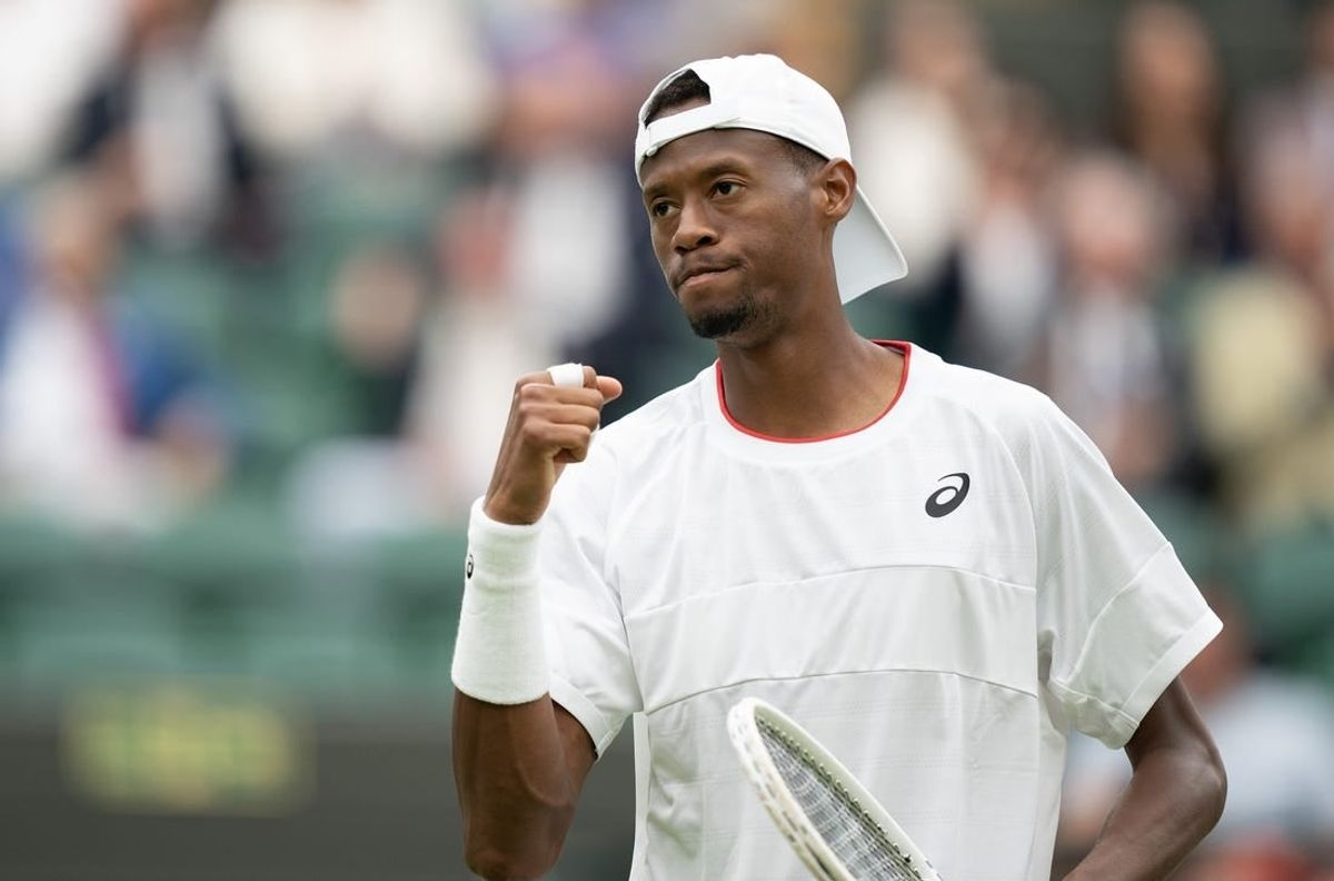 Jul 12, 2023; London, United Kingdom; Christopher Eubanks (USA) reacts to a point during his match against Daniil Medvedev on day ten of Wimbledon at the All England Lawn Tennis and Croquet Club.