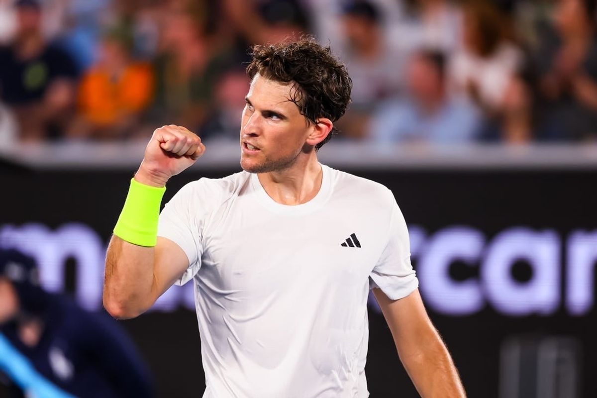 Jan 15, 2024; Melbourne, Victoria, Australia; Dominic Thiem of Austria wins a point against Felix Auger Aliassime (not pictured) of Canada in Round 1 of the Men's Singles on Day 2 of the Australian Open tennis at Rod Laver Arena.