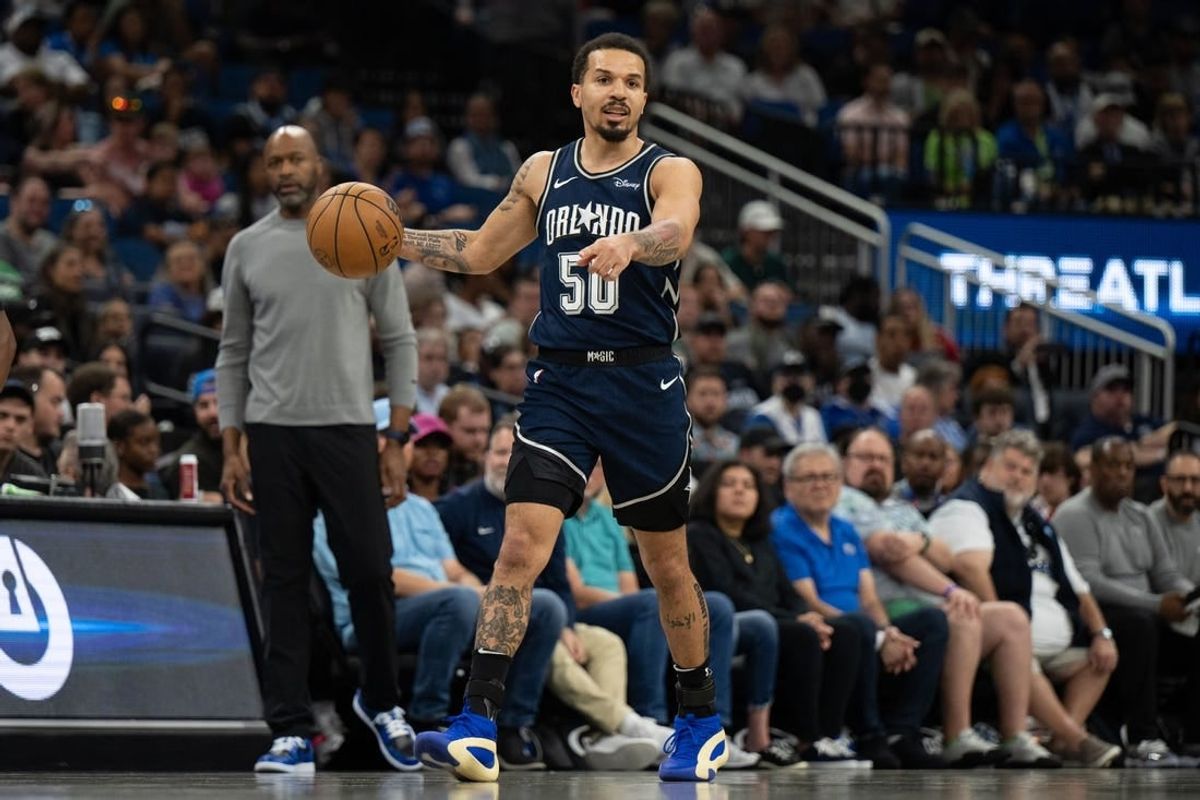 Mar 17, 2024; Orlando, Florida, USA; Orlando Magic guard Cole Anthony (50) dribbles the ball against the Toronto Raptors in the second quarter  at KIA Center.