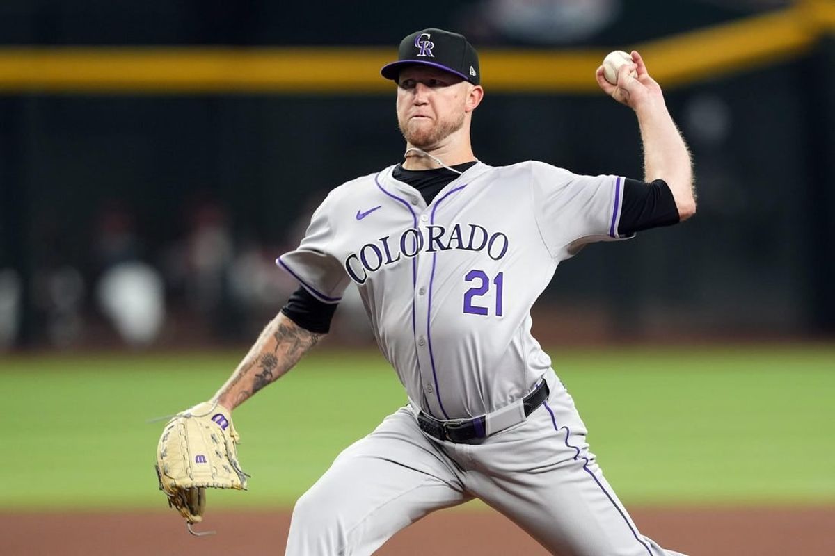Mar 28, 2024; Phoenix, Arizona, USA; Colorado Rockies starting pitcher Kyle Freeland (21) pitches against the Arizona Diamondbacks during the first inning at Chase Field.