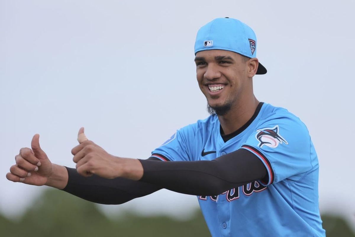 Feb 17, 2024; Jupiter, FL, USA; Miami Marlins starting pitcher Eury Perez (39) reacts during a spring training workout at the Marlins Player Development & Scouting Complex.