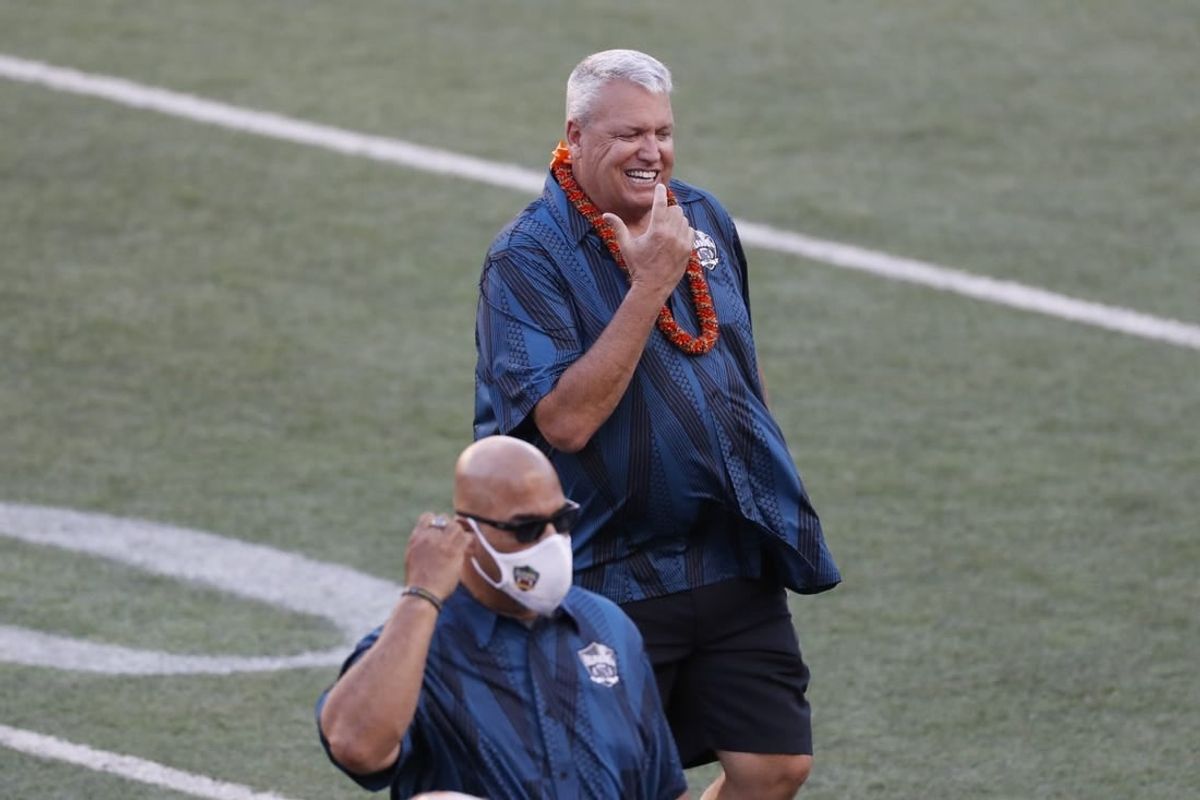 Jan 31, 2021; Honolulu, Hawaii, USA; Team Kai head coach Rex Ryan reacts on the field during the first half against Team Aina at the Hula Bowl.