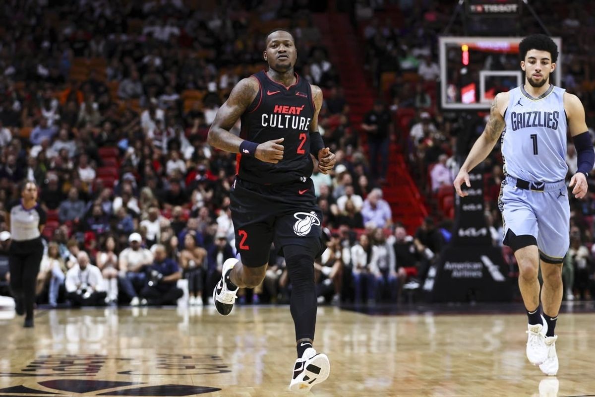 Jan 24, 2024; Miami, Florida, USA; Miami Heat guard Terry Rozier (2) runs on the court against the Memphis Grizzlies during the second quarter at Kaseya Center.
