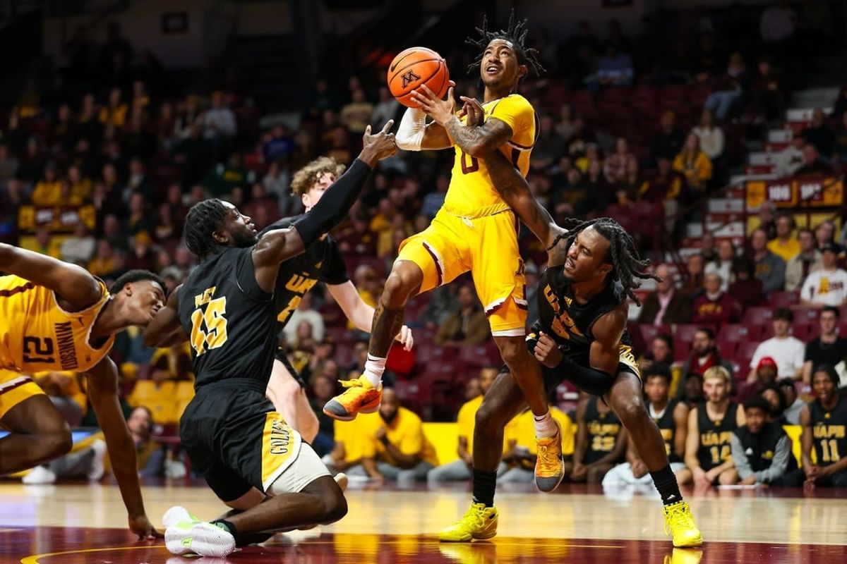 Nov 21, 2023; Minneapolis, Minnesota, USA; Arkansas-Pine Bluff Golden Lions guard Rashad Williams (5) fouls Minnesota Golden Gophers guard Elijah Hawkins (0) during the first half at Williams Arena.