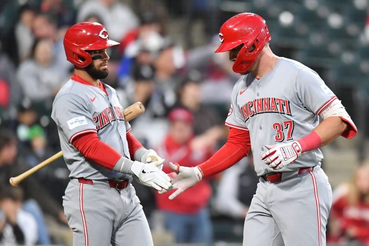 Apr 12, 2024; Chicago, Illinois, USA; Cincinnati Reds catcher Tyler Stephenson (37) celebrates his solo home run during the third inning against the Chicago White Sox at Guaranteed Rate Field.