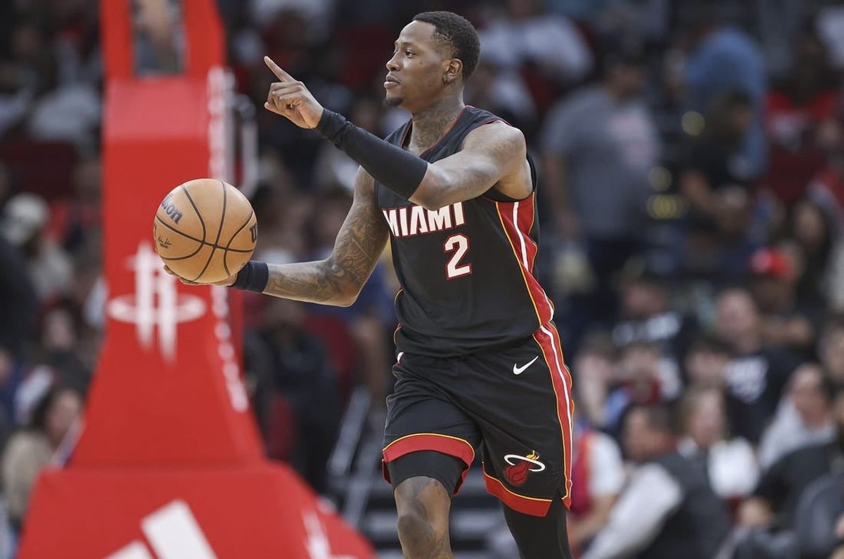 Apr 5, 2024; Houston, Texas, USA; Miami Heat guard Terry Rozier (2) brings the ball up the court during the third quarter against the Houston Rockets at Toyota Center.