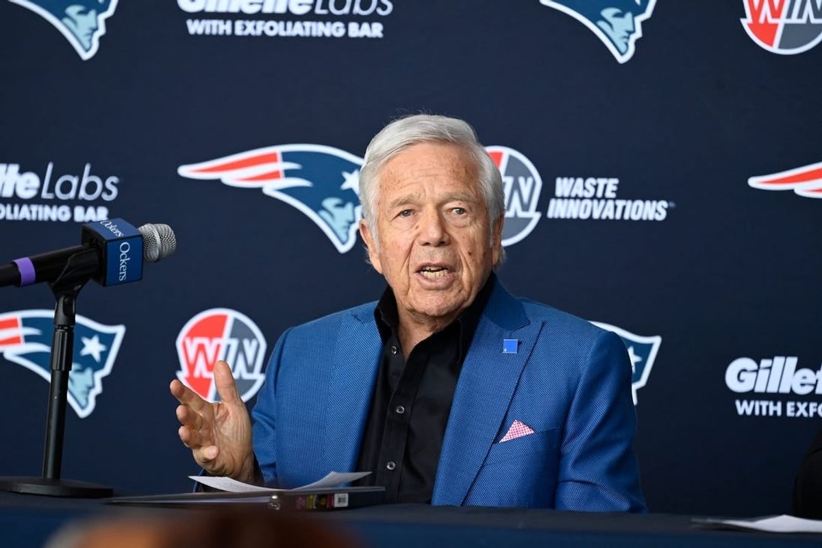 Jan 17, 2024; Foxborough, MA, USA; New England Patriots owner Robert Kraft addresses media at a press conference announcing the hiring of Jerod Mayo as the team's new head coach at Gillette Stadium.