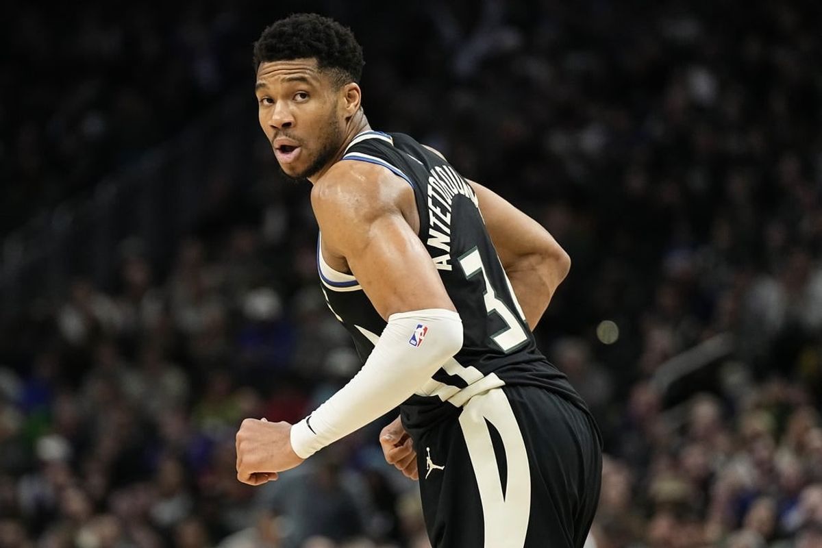 Mar 14, 2024; Milwaukee, Wisconsin, USA;  Milwaukee Bucks forward Giannis Antetokounmpo (34) looks over his shoulder during the second quarter against the Philadelphia 76ers at Fiserv Forum.